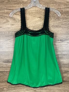 Diane Samandi 100% Silk Green Tank Top P Crochet Trim Sleeveless Boho Blouse